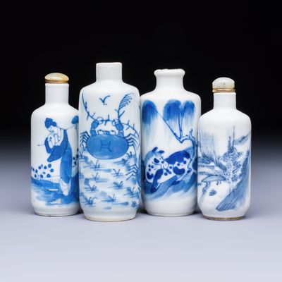 Four Chinese blue and white snuff bottles, 19th C.
