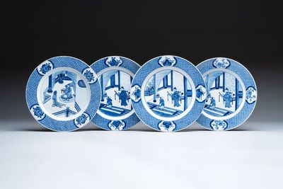 Four Chinese blue and white 'Xi Xiang Ji' dishes, 19th C.