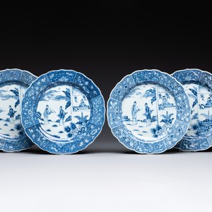 Four Chinese blue and white 'Xi Xiang Ji' plates, Qianlong — foto 1
