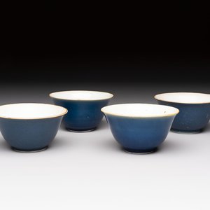 Four Chinese blue-glazed cups, Fu 福 marks, Transitional period — photo 1