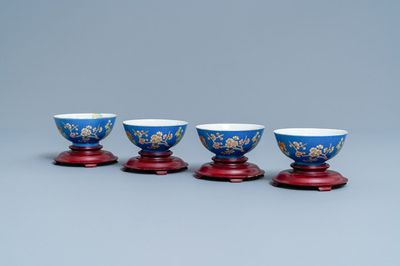 Four Chinese blue-ground bowls with floral designs, Yongzheng mark, Republic