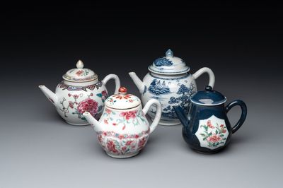 Four Chinese blue, white and famille rose teapots, Yongzheng/Qianlong