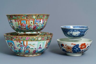 Four Chinese Canton famille rose, Imari-style and blue and white bowls, 18/19th C.
