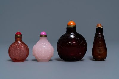 Four Chinese cherry red and pink glass snuff bottles, 19/20th C.