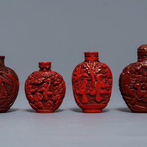 Four Chinese cinnabar lacquer snuff bottles, 19/20th C. — 照片 4