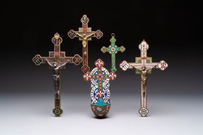 Four Chinese cloisonné crucifixes and a holy water font, 19th C.