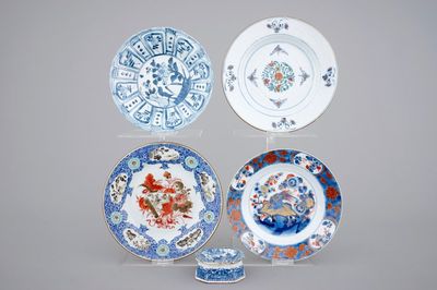 Four Chinese doucai, kraak, Yongzheng and Imari plates and a blue & white salt, 18th C.