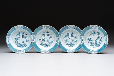 Four Chinese doucai plates with birds among bamboo and floral design, 18th C.