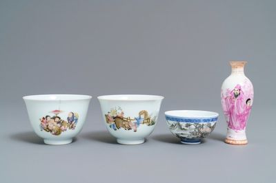 Four Chinese famille rose and grisaille eggshell wares, 20th C.