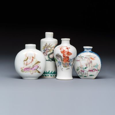 Four Chinese famille rose and verte snuff bottles, Yongzheng and Qianlong marks, 19th C.