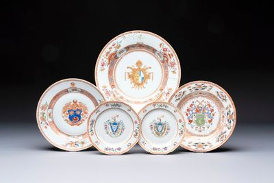 Four Chinese famille rose armorial plates and a dish, Qianlong