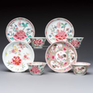 Four Chinese famille rose cups and saucers, Yongzheng/Qianlong — photo 1