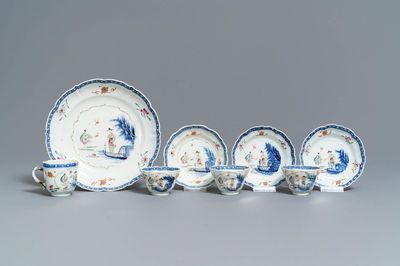 Four Chinese famille rose cups, three saucers and a plate, Qianlong