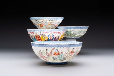 Four Chinese famille rose eggshell bowls with 'immortals' and 'landscape' design, Republic
