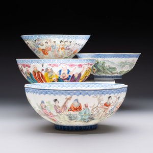 Four Chinese famille rose eggshell bowls with 'immortals' and 'landscape' design, Republic — photo 1
