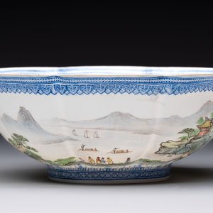 Four Chinese famille rose eggshell bowls with 'immortals' and 'landscape' design, Republic — photo 11