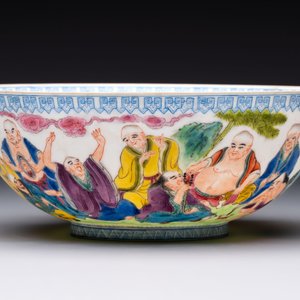 Four Chinese famille rose eggshell bowls with 'immortals' and 'landscape' design, Republic — photo 16