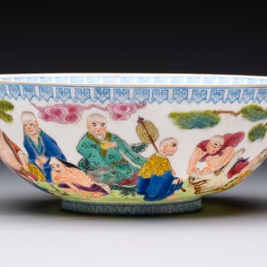 Four Chinese famille rose eggshell bowls with 'immortals' and 'landscape' design, Republic — photo 17