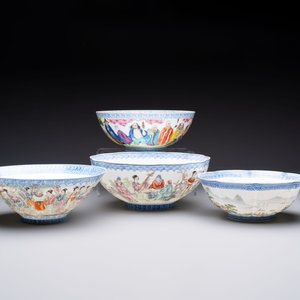 Four Chinese famille rose eggshell bowls with 'immortals' and 'landscape' design, Republic — photo 2