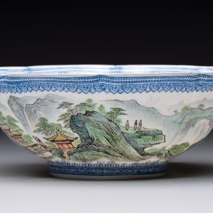 Four Chinese famille rose eggshell bowls with 'immortals' and 'landscape' design, Republic — photo 9