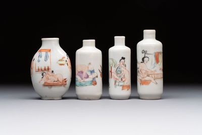Four Chinese famille rose 'erotic' snuff bottles, Chenghua mark, 19th C.
