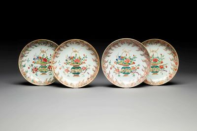 Four Chinese famille rose 'flower basket' plates, Qianlong