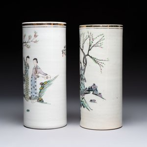 Four Chinese famille rose hat stands with figures and birds among blossoming branches, Republic — 照片 9