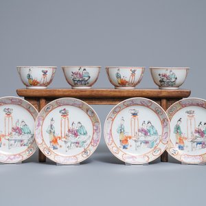 Four Chinese famille rose 'mandarin' cups and saucers, Qianlong — 照片 1