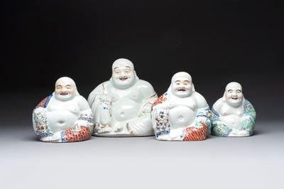 Four Chinese famille rose Milefo Buddhas, Wan Tongshun 萬同順 mark, 20th C.