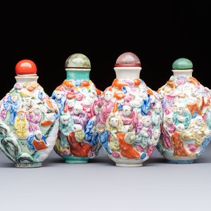 Four Chinese famille rose moulded 'Luohan' snuff bottles, Qianlong marks, 19th C. — photo 1