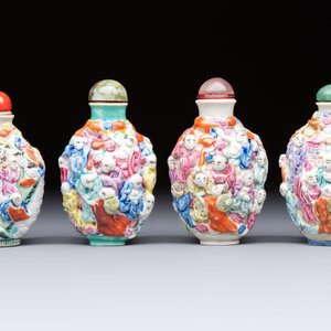 Four Chinese famille rose moulded 'Luohan' snuff bottles, Qianlong marks, 19th C. — photo 2
