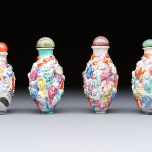 Four Chinese famille rose moulded 'Luohan' snuff bottles, Qianlong marks, 19th C. — photo 3