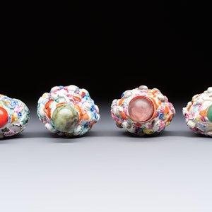 Four Chinese famille rose moulded 'Luohan' snuff bottles, Qianlong marks, 19th C. — photo 6
