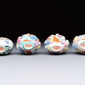 Four Chinese famille rose moulded 'Luohan' snuff bottles, Qianlong marks, 19th C. — photo 7