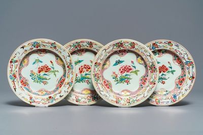 Four Chinese famille rose 'peonies and cranes' plates, Qianlong