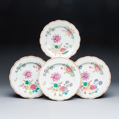 Four Chinese famille rose plates with fine floral design, Qianlong