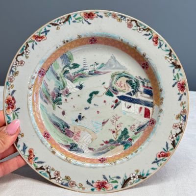 Four Chinese famille rose plates with floral and landscape design — photo 32