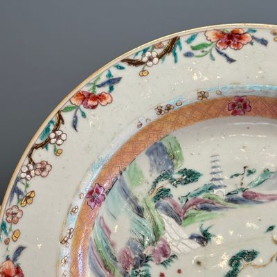 Four Chinese famille rose plates with floral and landscape design — photo 35