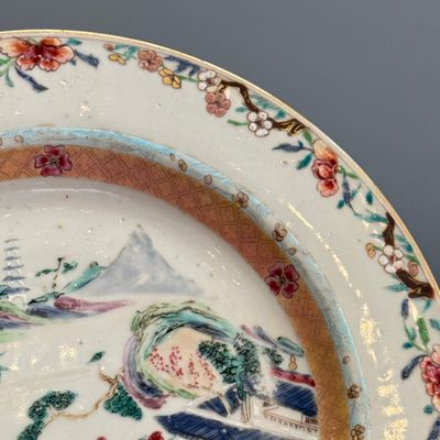 Four Chinese famille rose plates with floral and landscape design — photo 36