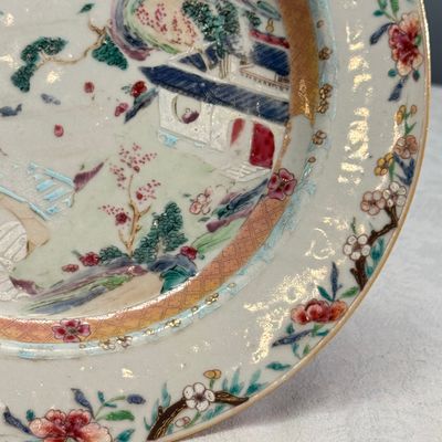Four Chinese famille rose plates with floral and landscape design — photo 37