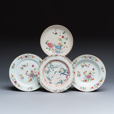 Four Chinese famille rose plates with floral and landscape design, Qianlong
