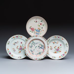 Four Chinese famille rose plates with floral and landscape design — photo 1