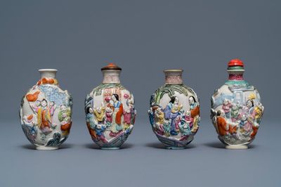 Four Chinese famille rose porcelain relief-decorated snuff bottles, 19th C.