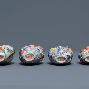 Four Chinese famille rose porcelain relief-decorated snuff bottles, 19th C. — 照片 4