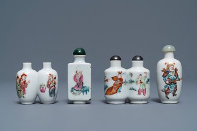 Four Chinese famille rose porcelain snuff bottles, 19th C.