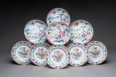 Four Chinese famille rose 'riverscape' plates and five 'flower basket' plates, Qianlong