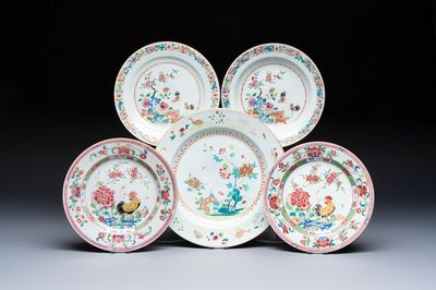 Four Chinese famille rose 'Roosters' plates and a 'Crane' dish, Qianlong