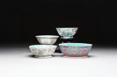 Four Chinese famille rose tazzas, one with a wooden stand, Xianfeng and Tongzhi marks, 19th C.