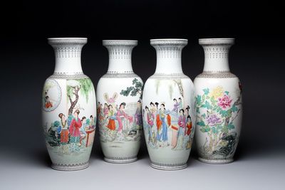 Four Chinese famille rose vases with figures and birds among flowering branches, Qianlong marks, 20th C.