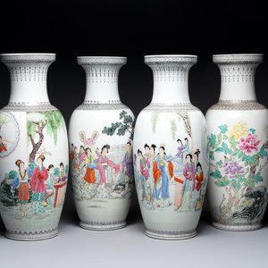 Four Chinese famille rose vases with figures and birds among flowering branches, Qianlong marks, 20th C. — foto 1